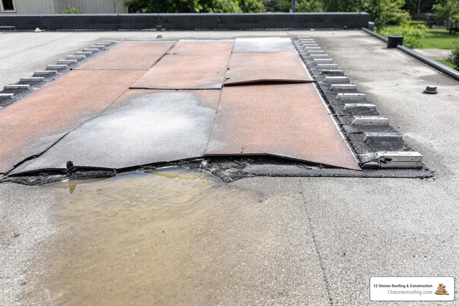 damaged flat roof showing blisters and ponding water - flat roof replacement services