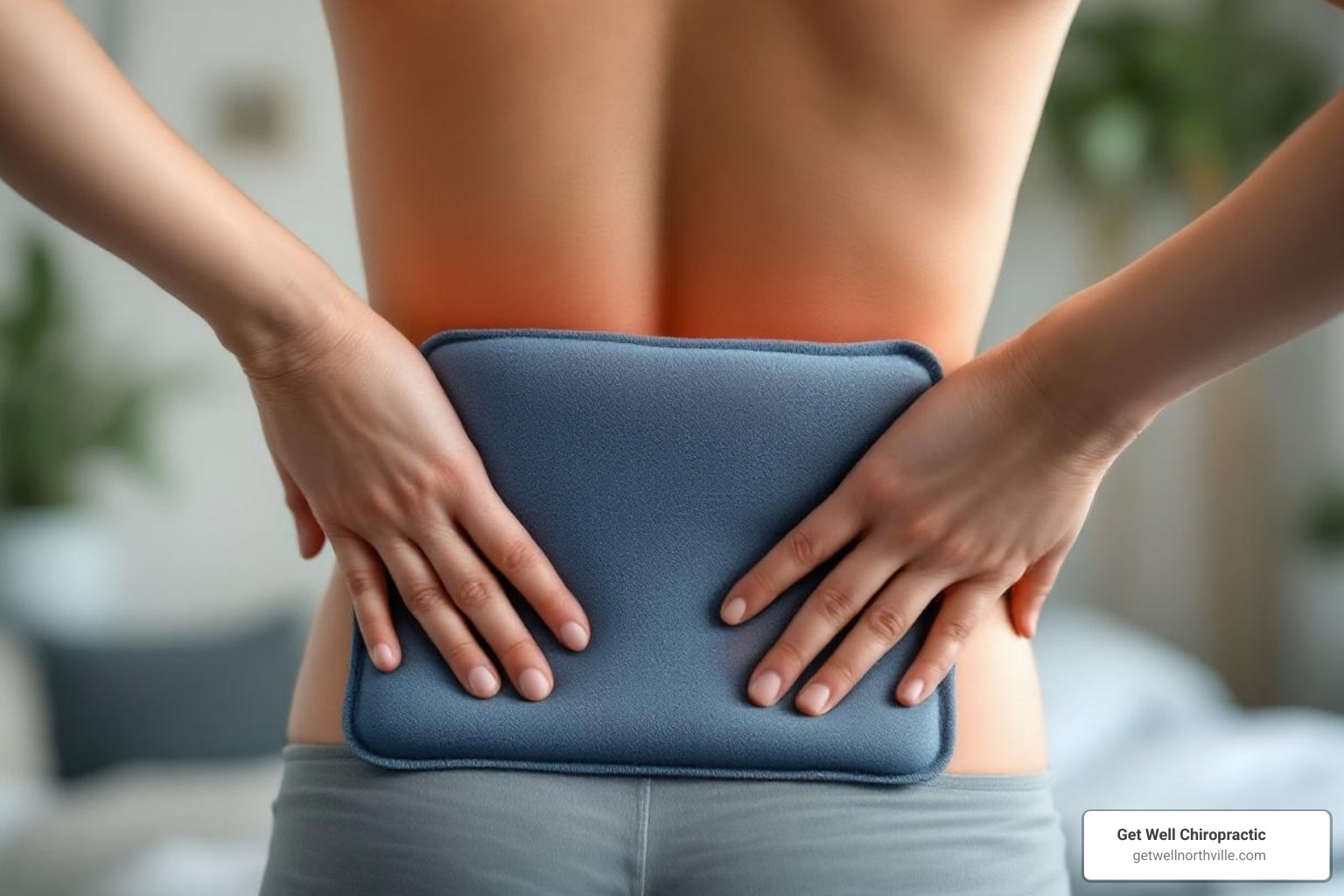 person applying a heat pack to their lower back - Back muscle relaxation