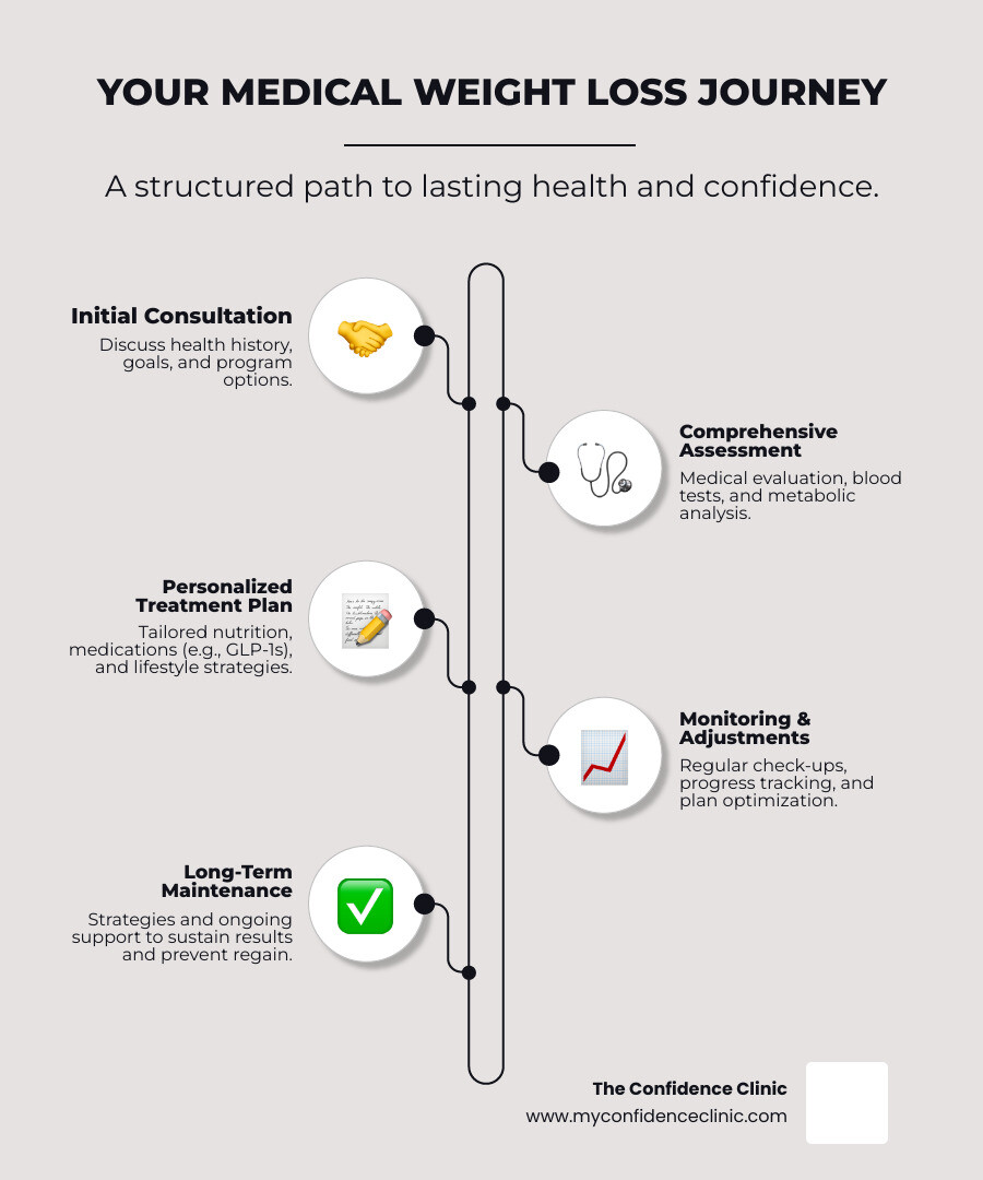 infographic showing the medical weight loss journey from initial consultation through medical assessment, personalized treatment plan with medications and nutrition counseling, regular monitoring and adjustments, to long-term maintenance support - medical weight loss programs infographic infographic-line-5-steps-elegant_beige infographic showing the medical weight loss journey from initial consultation through medical assessment, personalized treatment plan with medications and nutrition counseling, regular monitoring and adjustments, to long-term maintenance support - medical weight loss programs infographic infographic-line-5-steps-elegant_beige