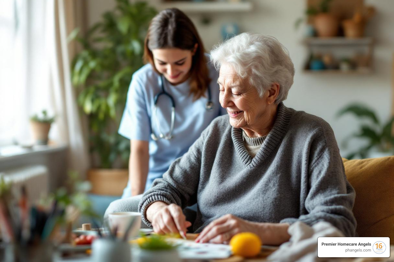 Senior enjoying a hobby at home with a caregiver nearby - 24 hour care for the elderly in their own home