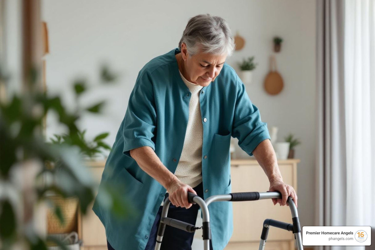 Caregiver assisting a senior with a walker in their home - 24 hour care for the elderly in their own home