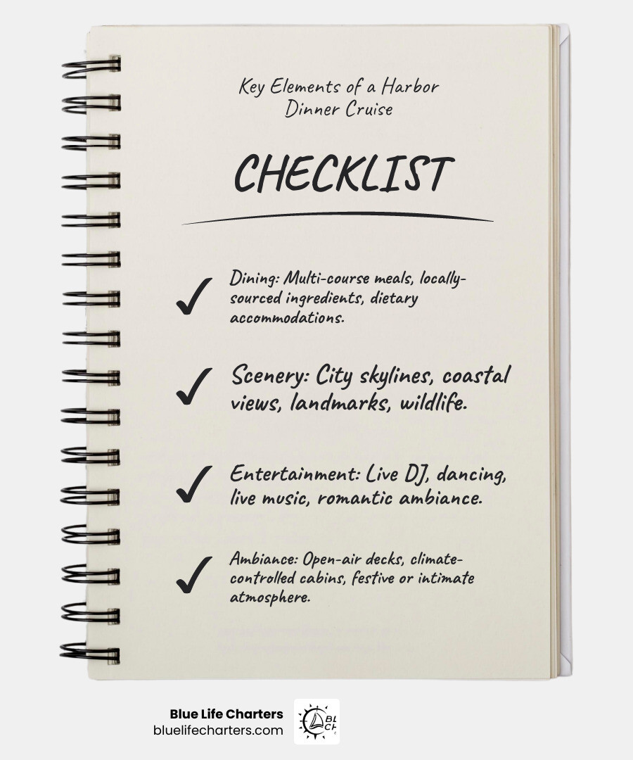 Infographic showing the four key elements of a harbor dinner cruise: Dining (multi-course meals, locally-sourced ingredients, dietary accommodations), Scenery (city skylines, coastal views, landmarks, wildlife), Entertainment (live DJ, dancing, live music, romantic ambiance), and Ambiance (open-air decks, climate-controlled cabins, festive or intimate atmosphere) - harbor dinner cruise infographic checklist-notebook
