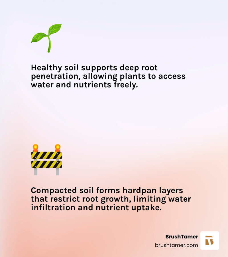 Infographic comparing healthy soil structure with deep roots penetrating freely versus compacted soil with a hardpan layer restricting roots to shallow growth, showing limited water infiltration and nutrient access in compacted soil - What is subsoiling infographic 2md5-8b4756fb25f73cc9409965140608e1c5factsmd5-8b4756fb25f73cc9409965140608e1c5emojimd5-8b4756fb25f73cc9409965140608e1c5light-gradient