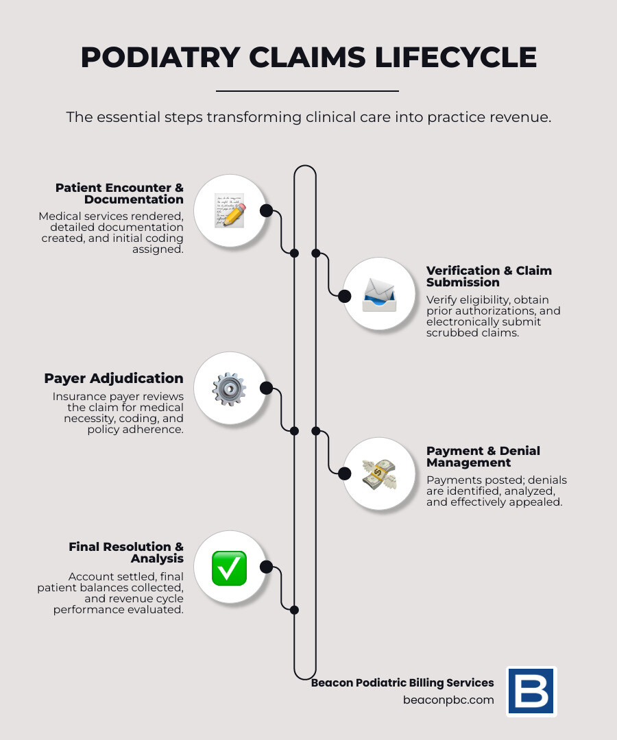 Infographic showing the podiatry claims lifecycle: 1) Patient Visit & Documentation, 2) Coding with CPT/ICD-10/Modifiers, 3) Eligibility Verification & Prior Auth, 4) Claims Scrubbing & Submission, 5) Payer Adjudication, 6) Payment Posting or Denial Management, 7) Patient Billing & Collections, 8) Final Settlement - Podiatry claims processing infographic infographic-line-5-steps-elegant_beige