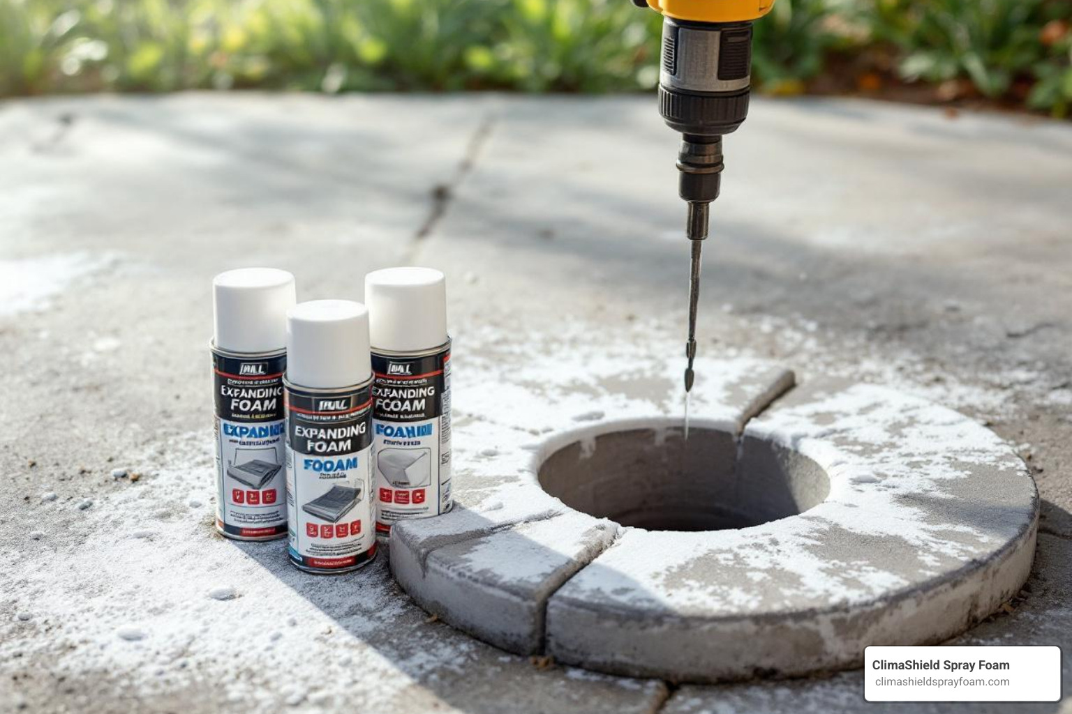 several cans of expanding foam next to a drilled hole in a concrete patio - diy spray foam concrete lifting