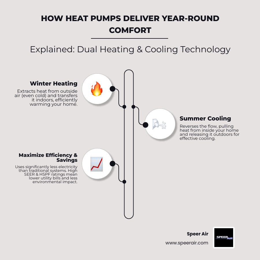 Infographic showing how heat pumps work: in winter mode, extracting heat from outdoor air and transferring it indoors; in summer mode, reversing the process to cool your home; includes efficiency ratings like SEER and HSPF; highlights dual-function benefits and energy savings compared to traditional systems - best heat pump replacement in middlesex county, nj infographic infographic-line-3-steps-elegant_beige Infographic showing how heat pumps work: in winter mode, extracting heat from outdoor air and transferring it indoors; in summer mode, reversing the process to cool your home; includes efficiency ratings like SEER and HSPF; highlights dual-function benefits and energy savings compared to traditional systems - best heat pump replacement in middlesex county, nj infographic infographic-line-3-steps-elegant_beige