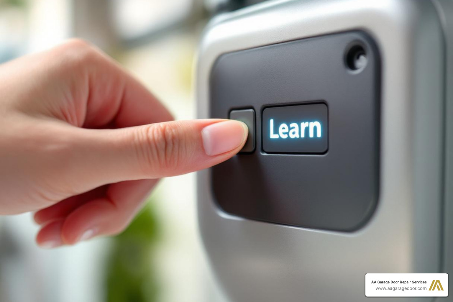 person's finger pressing the square 'Learn' button on a garage door opener motor - code for garage door