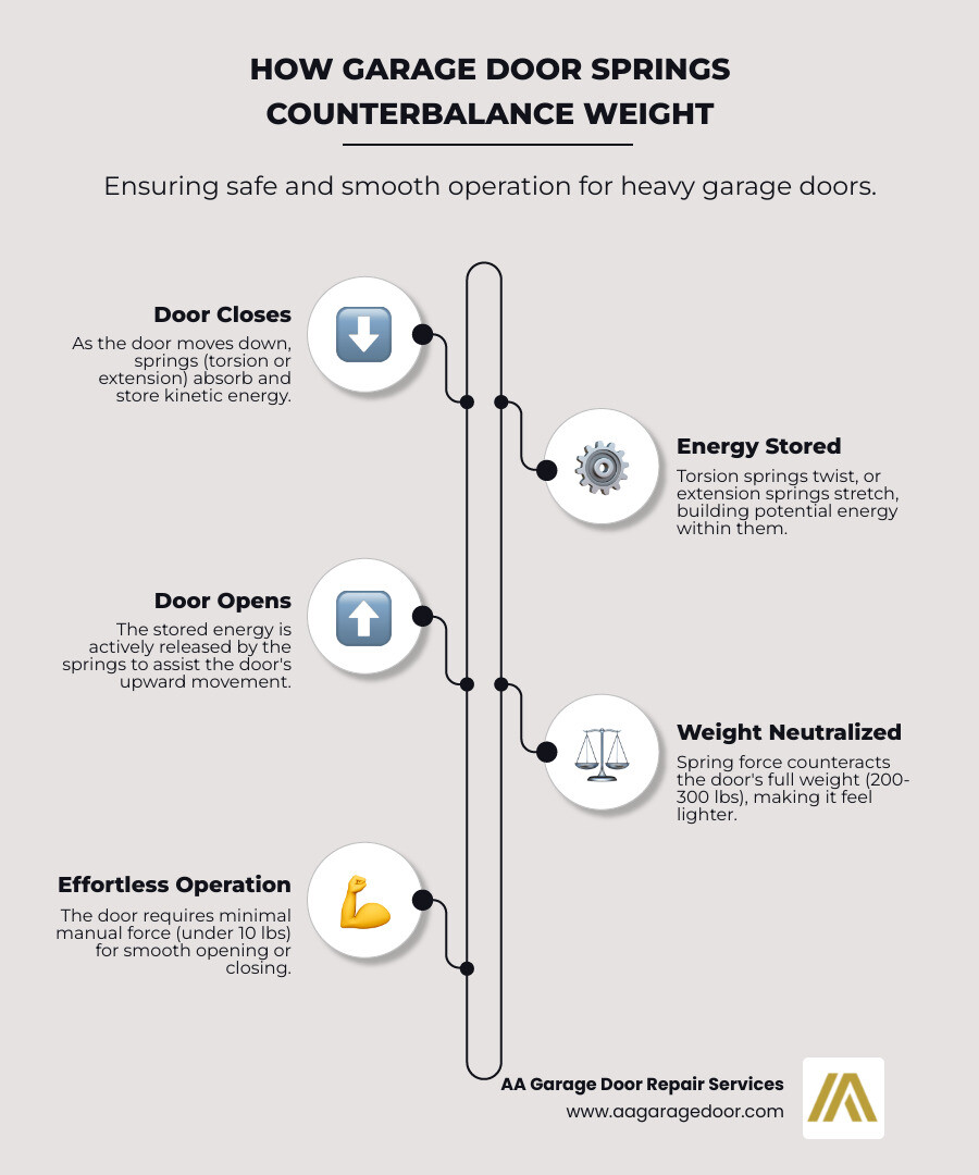 Infographic showing how garage door springs counterbalance the door's weight: springs store energy when door closes (either by twisting for torsion springs or stretching for extension springs), then release that energy to assist lifting when door opens, reducing the weight from 200-300 lbs to under 10 lbs of lifting force - garage door spring tension infographic infographic-line-5-steps-elegant_beige