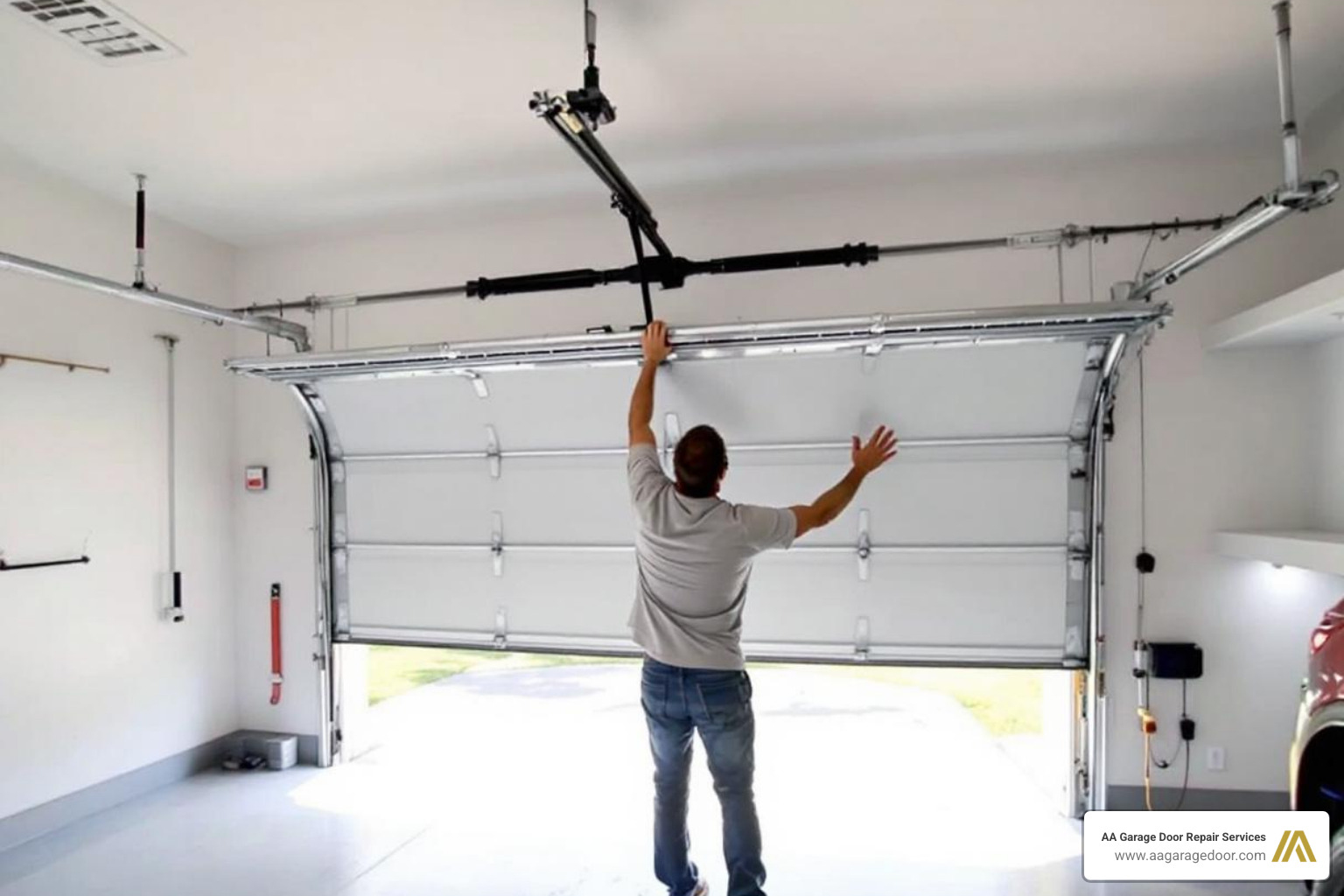 person manually lifting a garage door to the halfway point - garage door spring tension