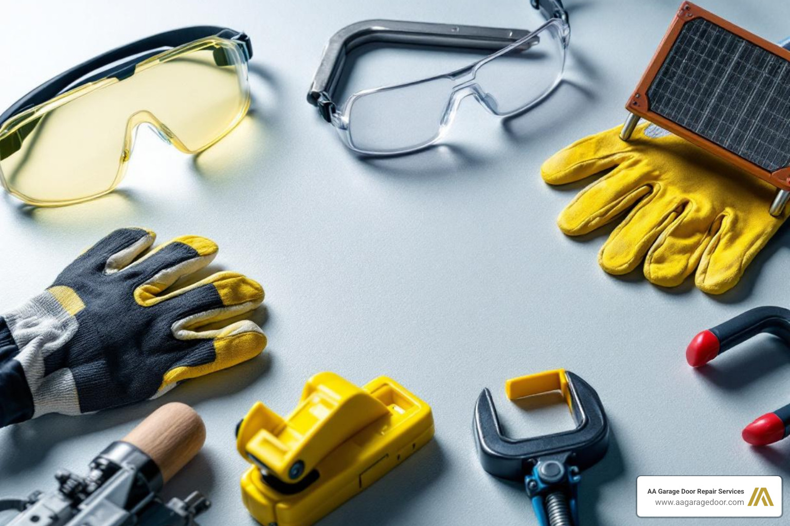 essential safety gear (goggles, gloves) and tools (winding bars, C-clamp, ladder) - garage door spring tension