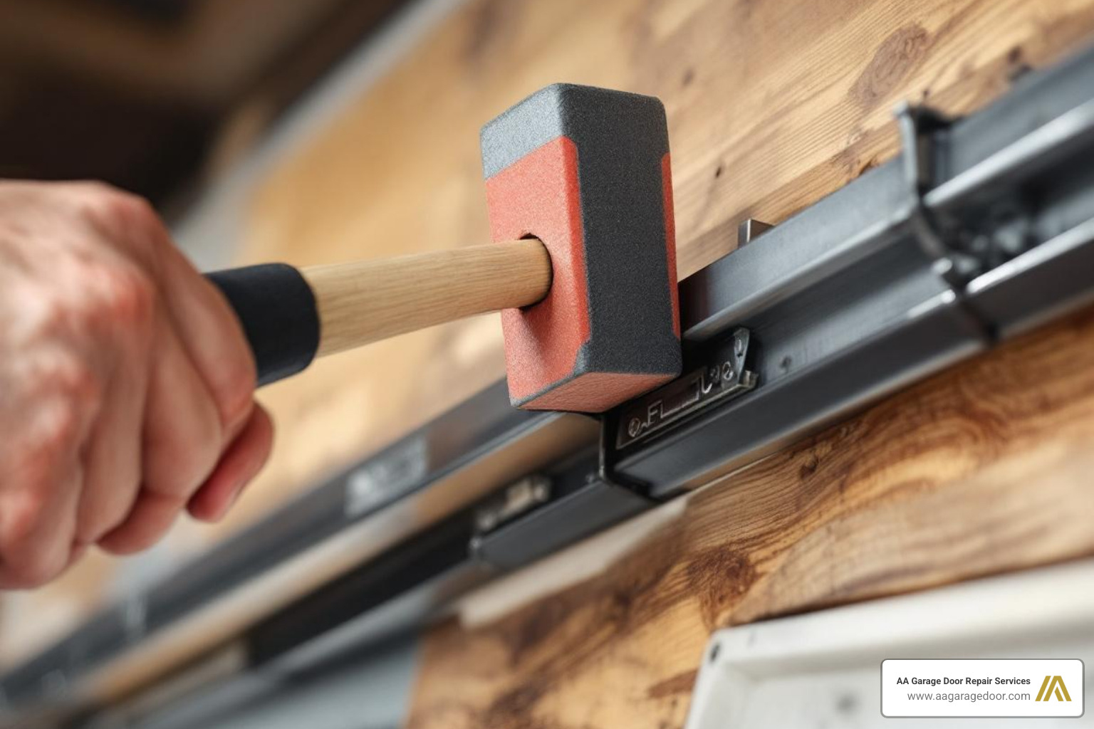 rubber mallet and wood block being used to gently tap a track back into place - Bent garage door track