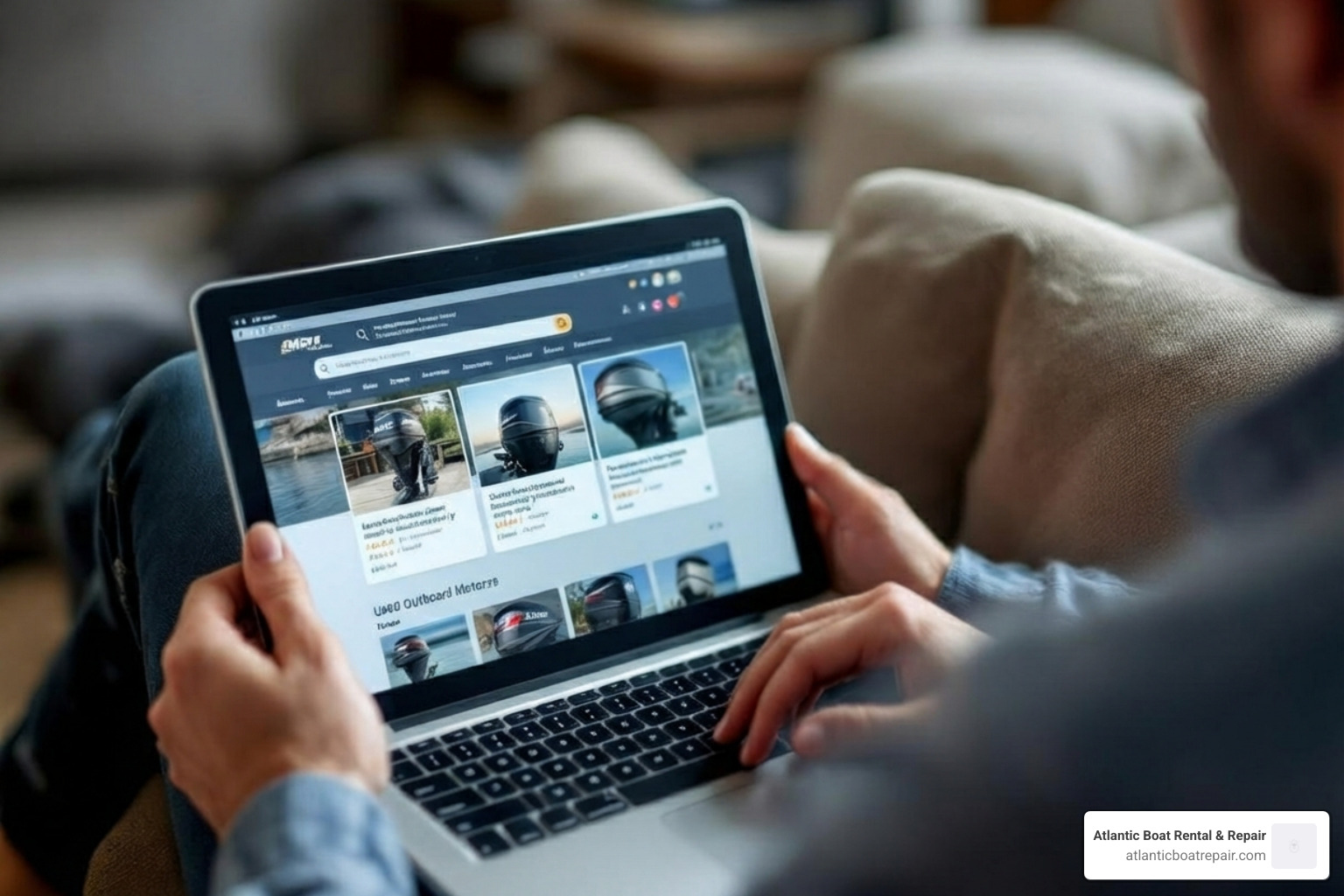 person browsing online listings for outboard motors - Used outboard motors