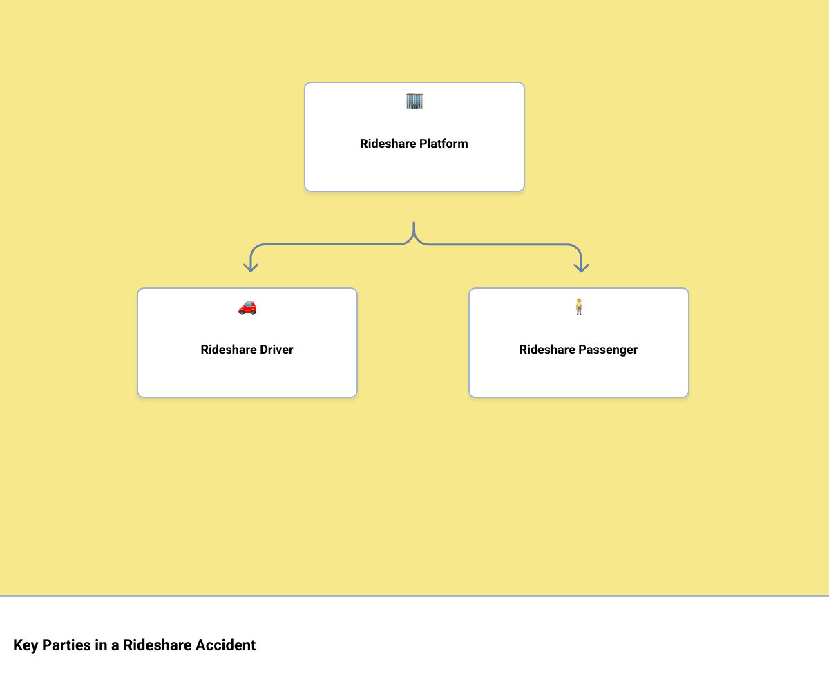 Infographic explaining the three main parties in a rideshare accident: the passenger, the driver, and the rideshare platform. - ride share negligence attorney infographic hierarchy