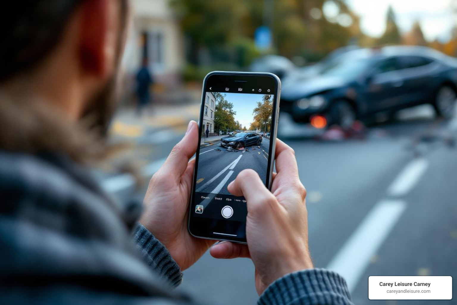 person taking photos of an accident scene with their smartphone - ride share negligence attorney