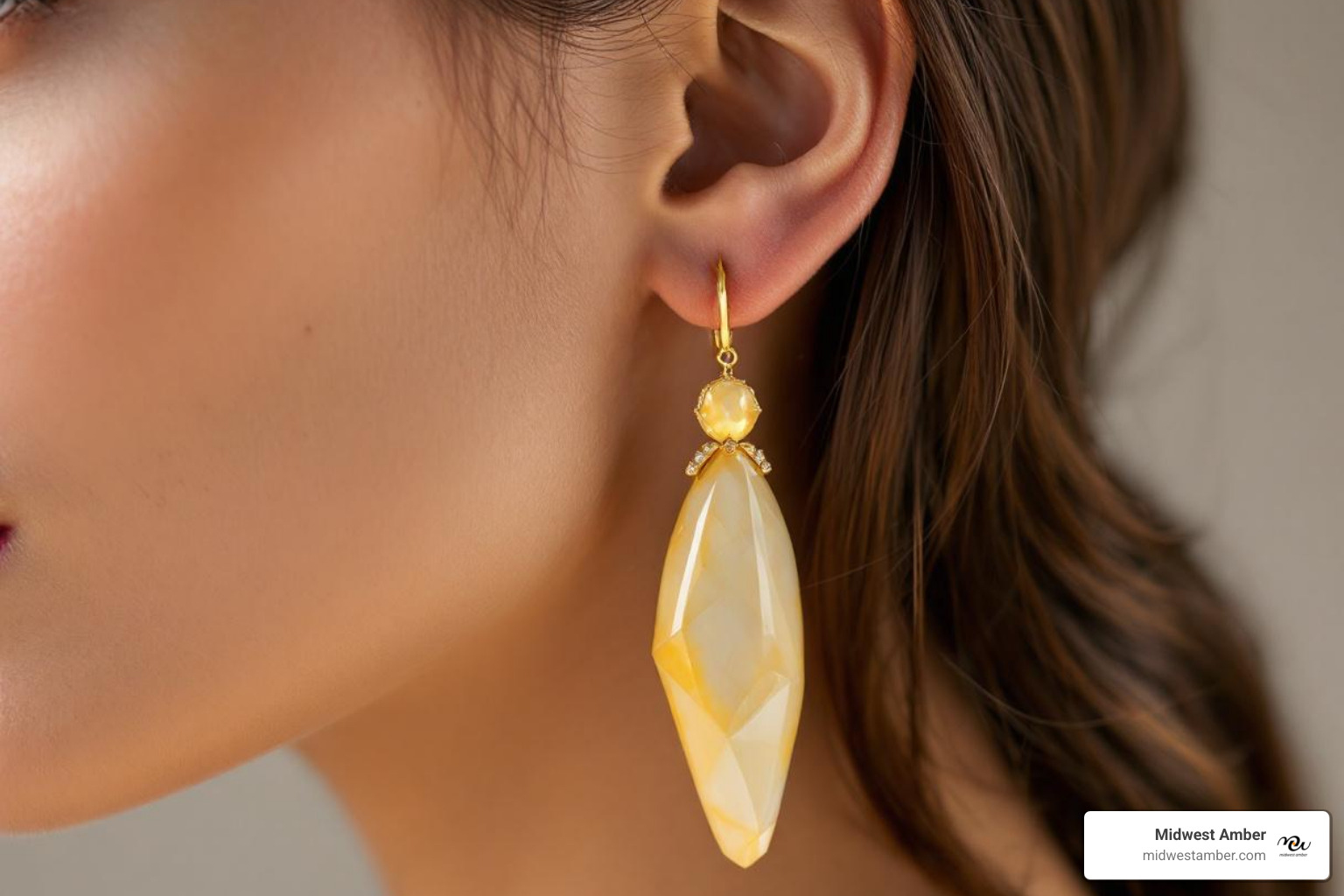 model wearing butterscotch amber earrings to show scale and style - Butterscotch amber earrings