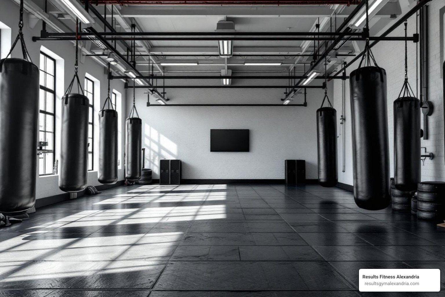 A clean, well-equipped boxing gym area with heavy bags and a ring, ready for a class - boxing for exercise near me