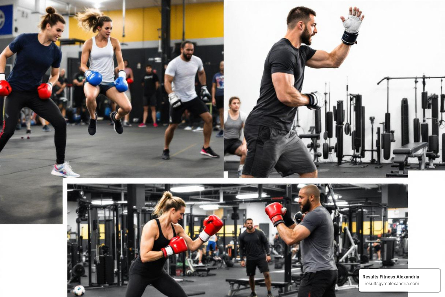 A collage showing a HIIT boxing class with people jumping, a technique-focused class with an instructor demonstrating a punch, and a circuit training setup with various equipment - boxing for exercise near me