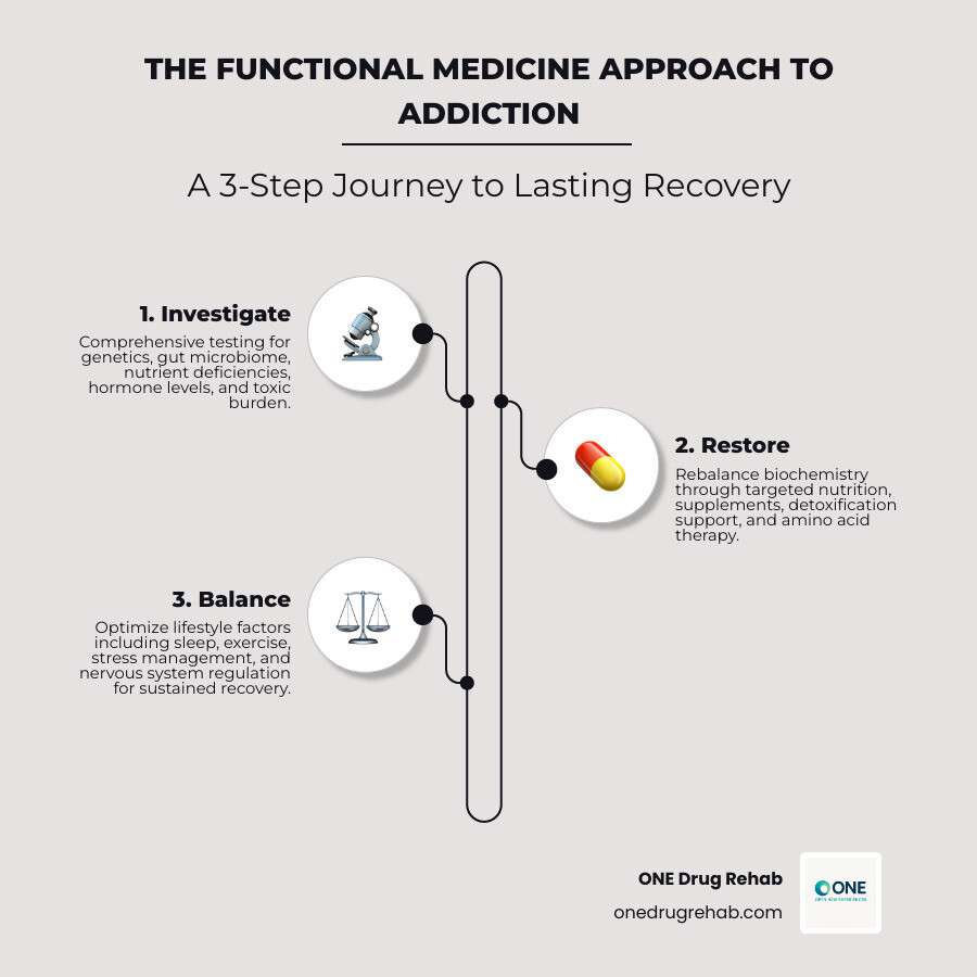 Infographic showing the functional medicine approach to addiction in three phases: 1) Investigate - comprehensive testing for genetics, gut microbiome, nutrient deficiencies, hormone levels, and toxic burden; 2) Restore - rebalance biochemistry through targeted nutrition, supplements, detoxification support, and amino acid therapy; 3) Balance - optimize lifestyle factors including sleep, exercise, stress management, and nervous system regulation for sustained recovery - functional medicine addiction infographic infographic-line-3-steps-elegant_beige Infographic showing the functional medicine approach to addiction in three phases: 1) Investigate - comprehensive testing for genetics, gut microbiome, nutrient deficiencies, hormone levels, and toxic burden; 2) Restore - rebalance biochemistry through targeted nutrition, supplements, detoxification support, and amino acid therapy; 3) Balance - optimize lifestyle factors including sleep, exercise, stress management, and nervous system regulation for sustained recovery - functional medicine addiction infographic infographic-line-3-steps-elegant_beige