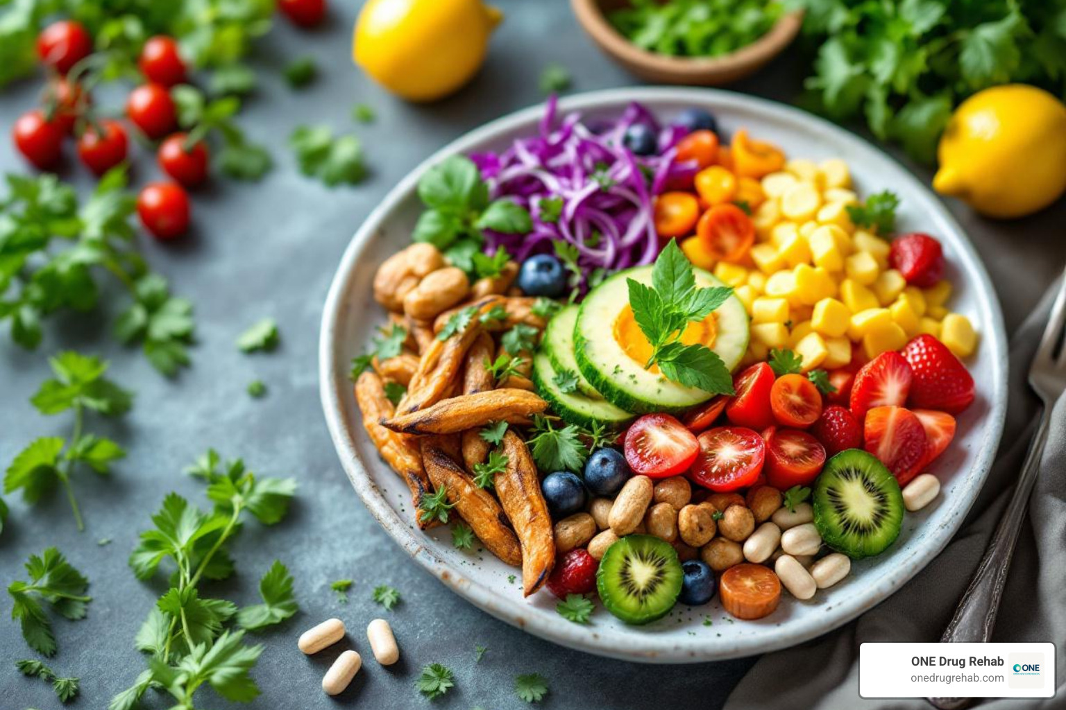A vibrant plate of whole foods, herbs, and supplements - functional medicine addiction A vibrant plate of whole foods, herbs, and supplements - functional medicine addiction