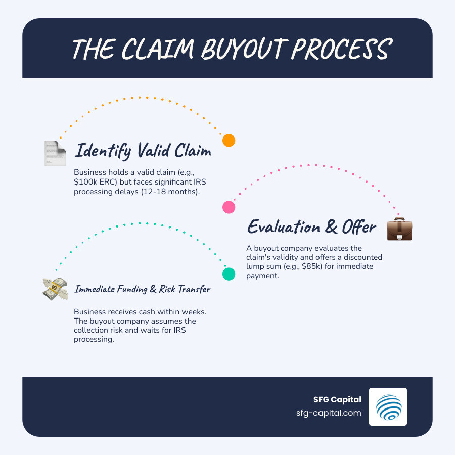 Infographic showing the claim buyout process: Step 1 - Business has valid claim worth $100k but faces 12-18 month IRS delay; Step 2 - Buyout company evaluates claim and offers $85k immediate payment; Step 3 - Business receives cash within weeks instead of waiting years; Step 4 - Buyout company assumes collection risk and receives full payment when IRS processes claim - tas claim buyout infographic infographic-line-3-steps-blues-accent_colors