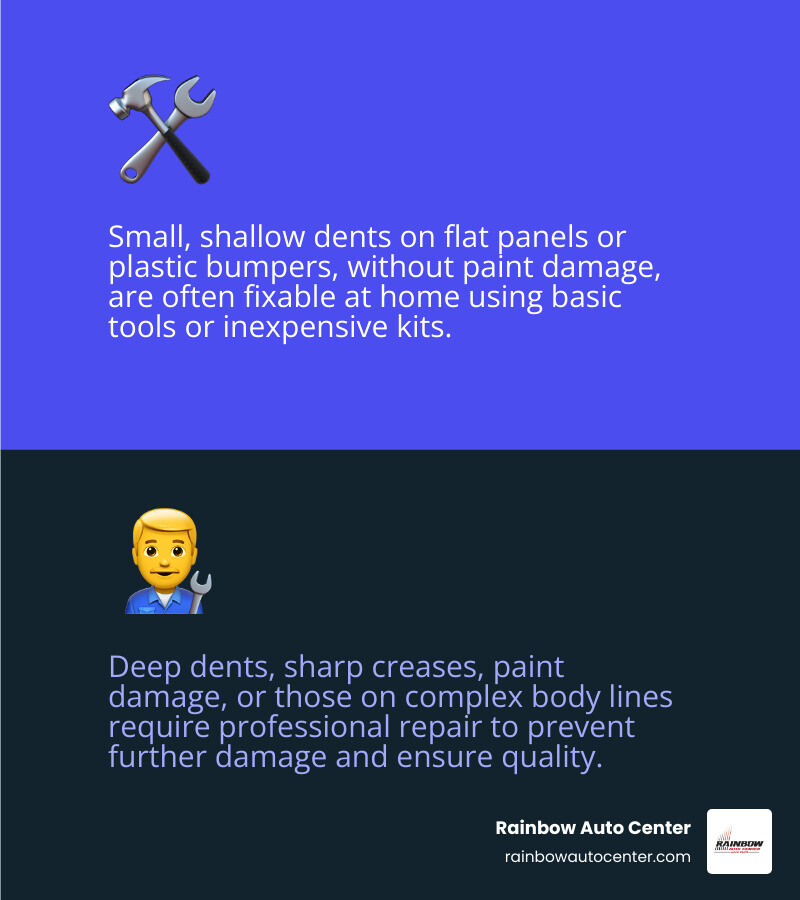 Infographic explaining the difference between DIY-friendly dents and dents needing professional repair - car dent repair at home infographic 2_facts_emoji_blue