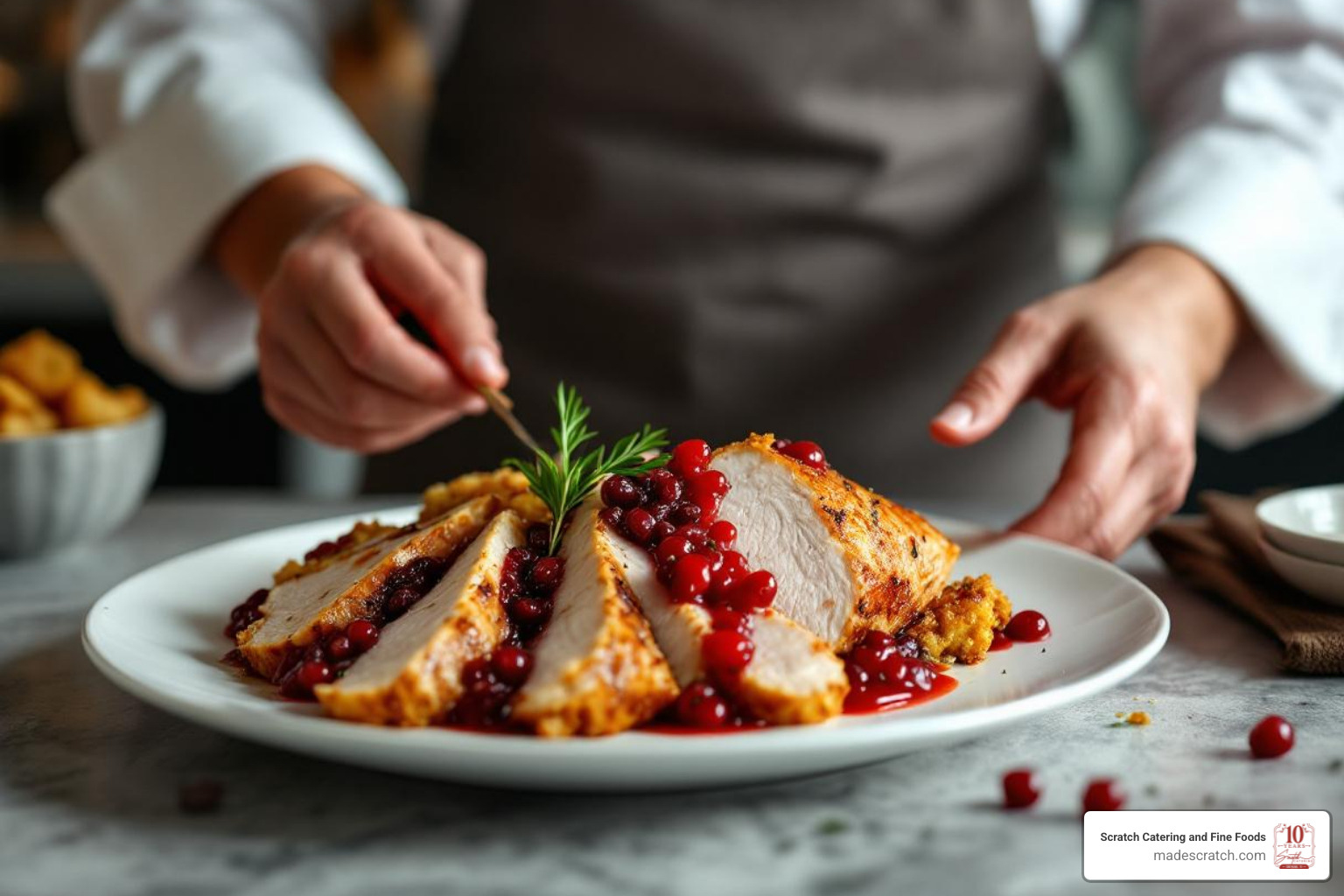 Chef from Scratch Catering and Fine Foods plating a gourmet Thanksgiving dish - thanksgiving catering grapevine tx