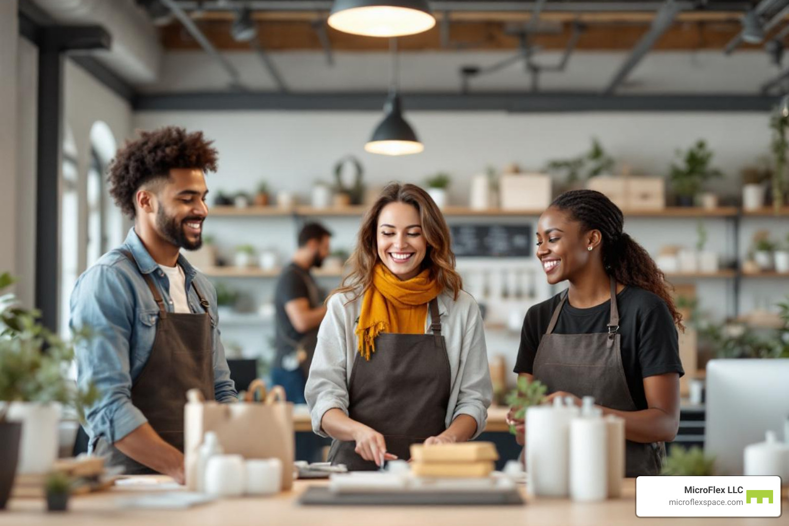 thriving small business in a MicroFlex flexible workspace, showing products and a happy team - industrial flex space for rent thriving small business in a MicroFlex flexible workspace, showing products and a happy team - industrial flex space for rent