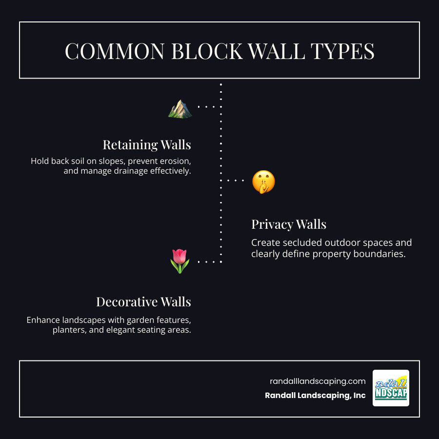 Infographic showing three types of block walls: Retaining walls (holding back soil on slopes with drainage systems), Privacy walls (tall vertical structures along property lines), and Decorative walls (shorter garden features, planters, and seating areas with custom finishes) - block wall builder infographic infographic-line-3-steps-dark