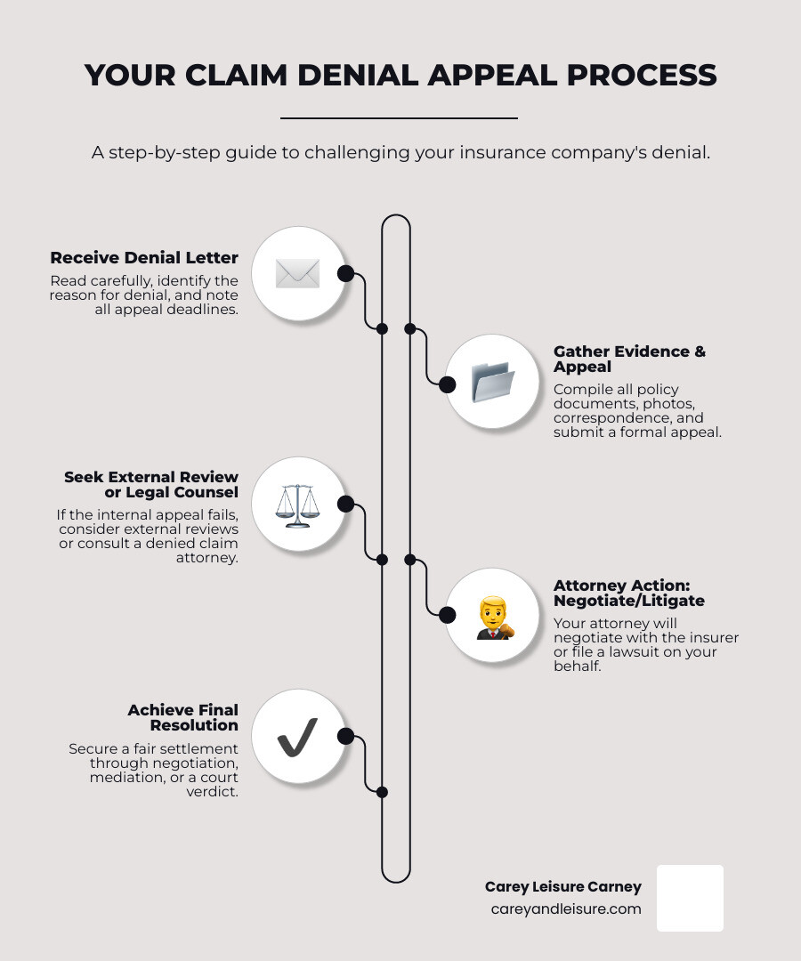 Infographic showing the claim denial process: 1) Receive denial letter and identify reason, 2) Gather evidence and file internal appeal, 3) If denied, pursue external review or hire attorney, 4) Attorney negotiates or files lawsuit, 5) Resolution through settlement or court verdict - Denied claim attorney infographic infographic-line-5-steps-elegant_beige