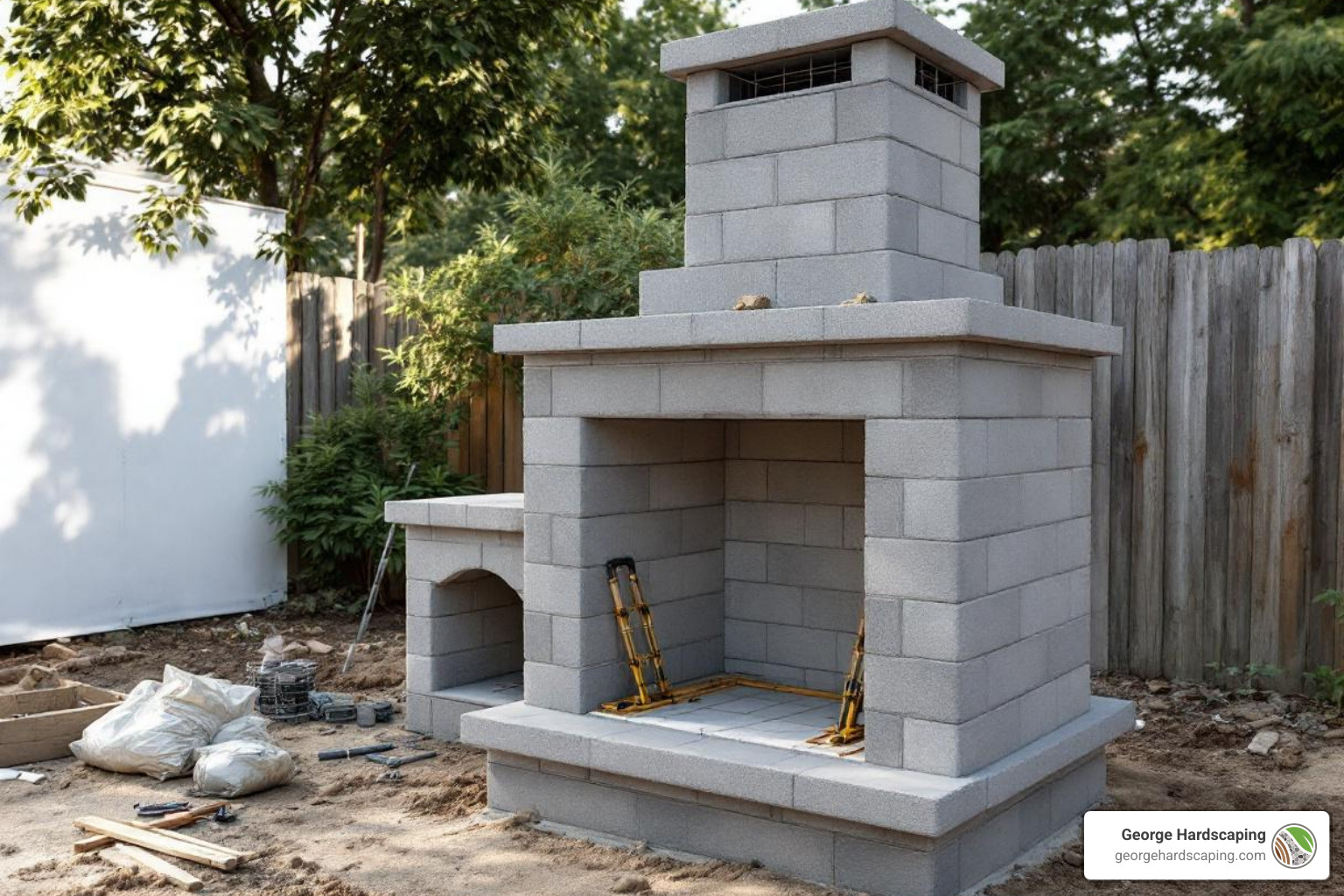 raw cinder block structure mid-construction, showing the firebox opening and the start of the chimney stack - build an outdoor fireplace with cinder blocks