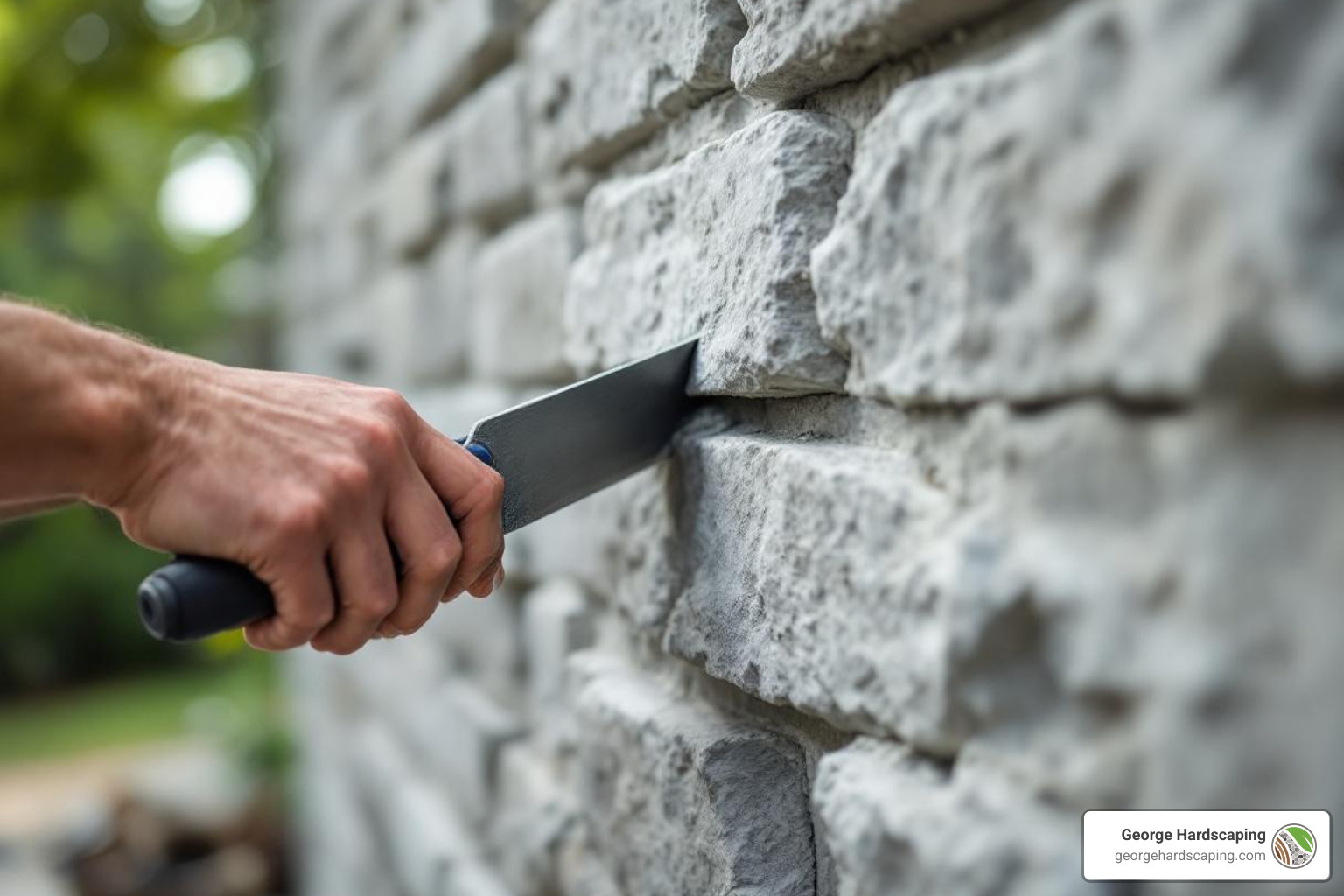 close-up shot showing manufactured stone veneer being applied to the cinder block structure with a trowel - build an outdoor fireplace with cinder blocks