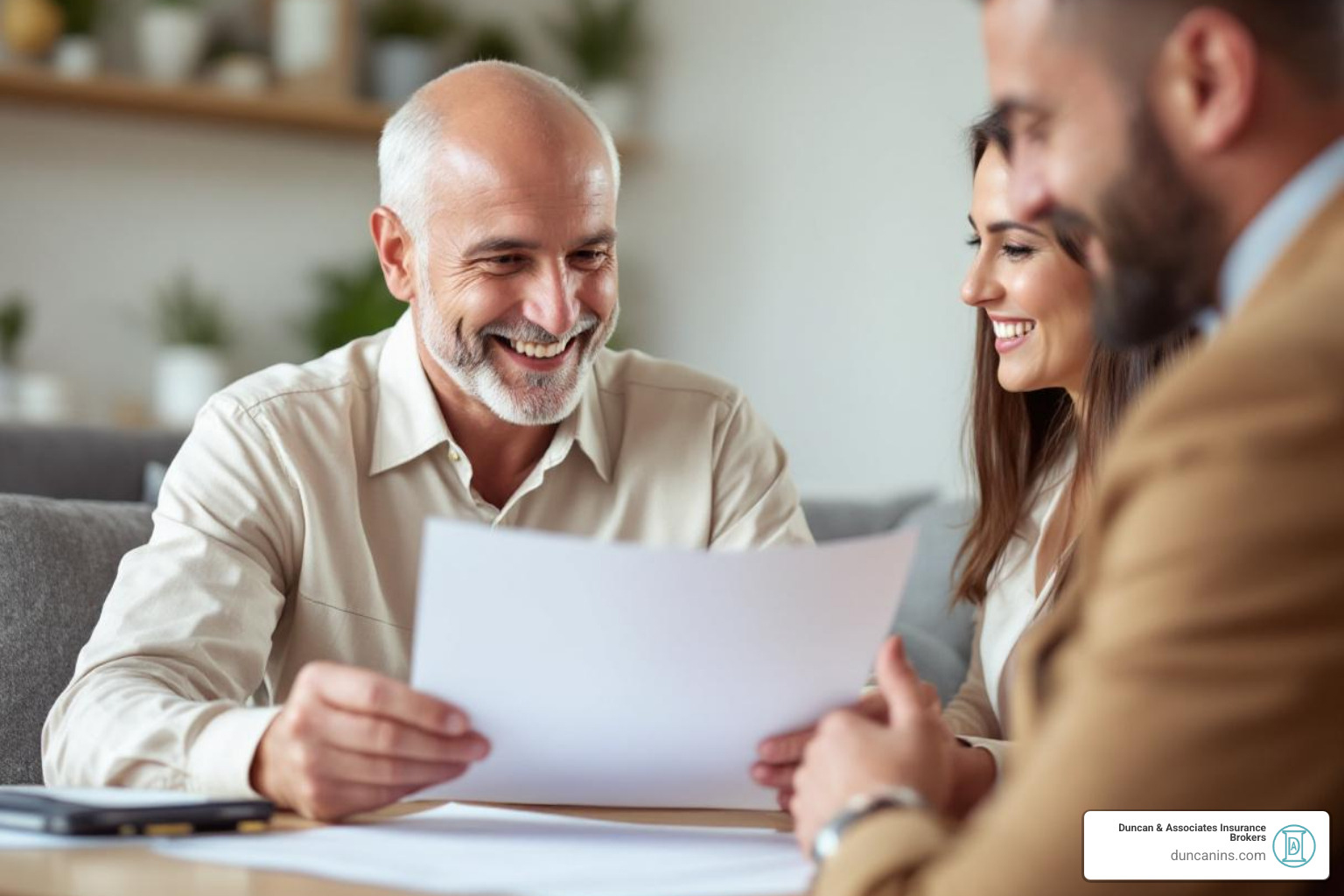 Happy homeowner reviewing insurance policy with an agent - manufactured home insurance replacement cost