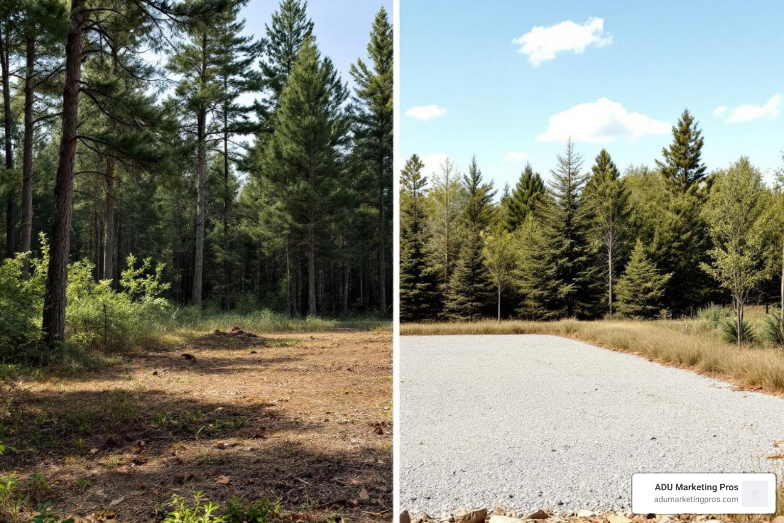 A split-screen image showing a raw, wooded plot on one side and a prepared, landscaped lot within a tiny home community on the other - Tiny home land A split-screen image showing a raw, wooded plot on one side and a prepared, landscaped lot within a tiny home community on the other - Tiny home land