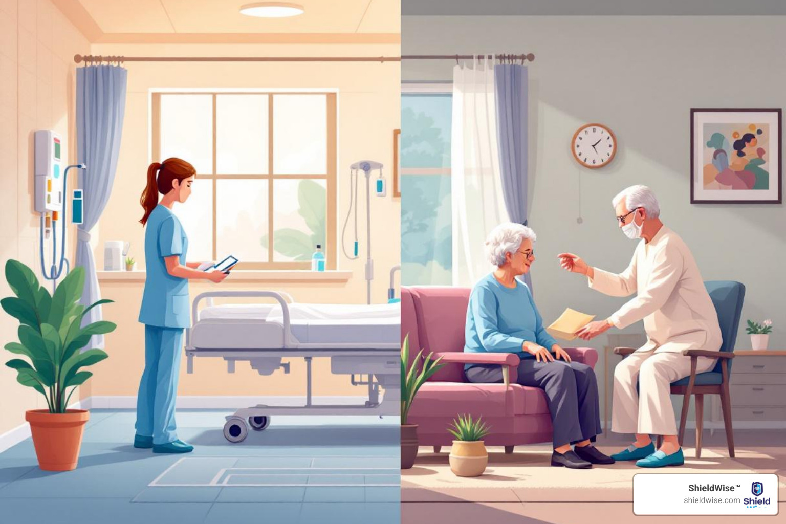 Illustration of a hospital setting (skilled care) vs. an assisted living facility (custodial care) - how to coordinate medicare long term care and final expense