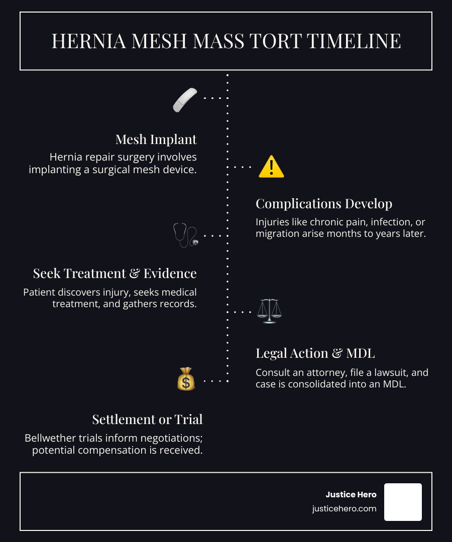 Infographic showing the hernia mesh mass tort timeline: hernia surgery with mesh implant, complications develop within months to years, patient discovers injury and seeks medical treatment, consultation with mass tort attorney, case filed and consolidated into MDL, bellwether trials or settlement negotiations, potential compensation received - hernia mesh mass tort infographic infographic-line-5-steps-dark