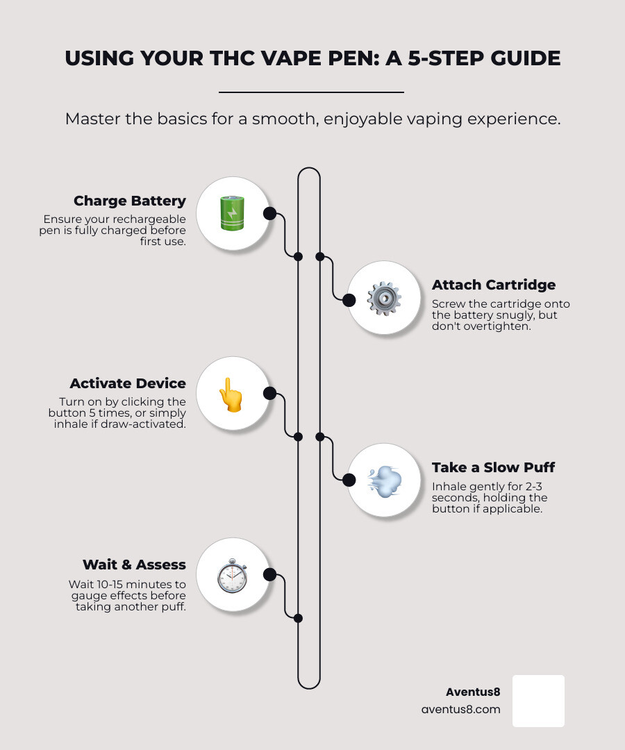Infographic showing the 5 basic steps of using a THC vape pen: charge battery, attach cartridge, turn on device, take a slow puff, and wait for effects - how do you use a vape pen for thc infographic infographic-line-5-steps-elegant_beige