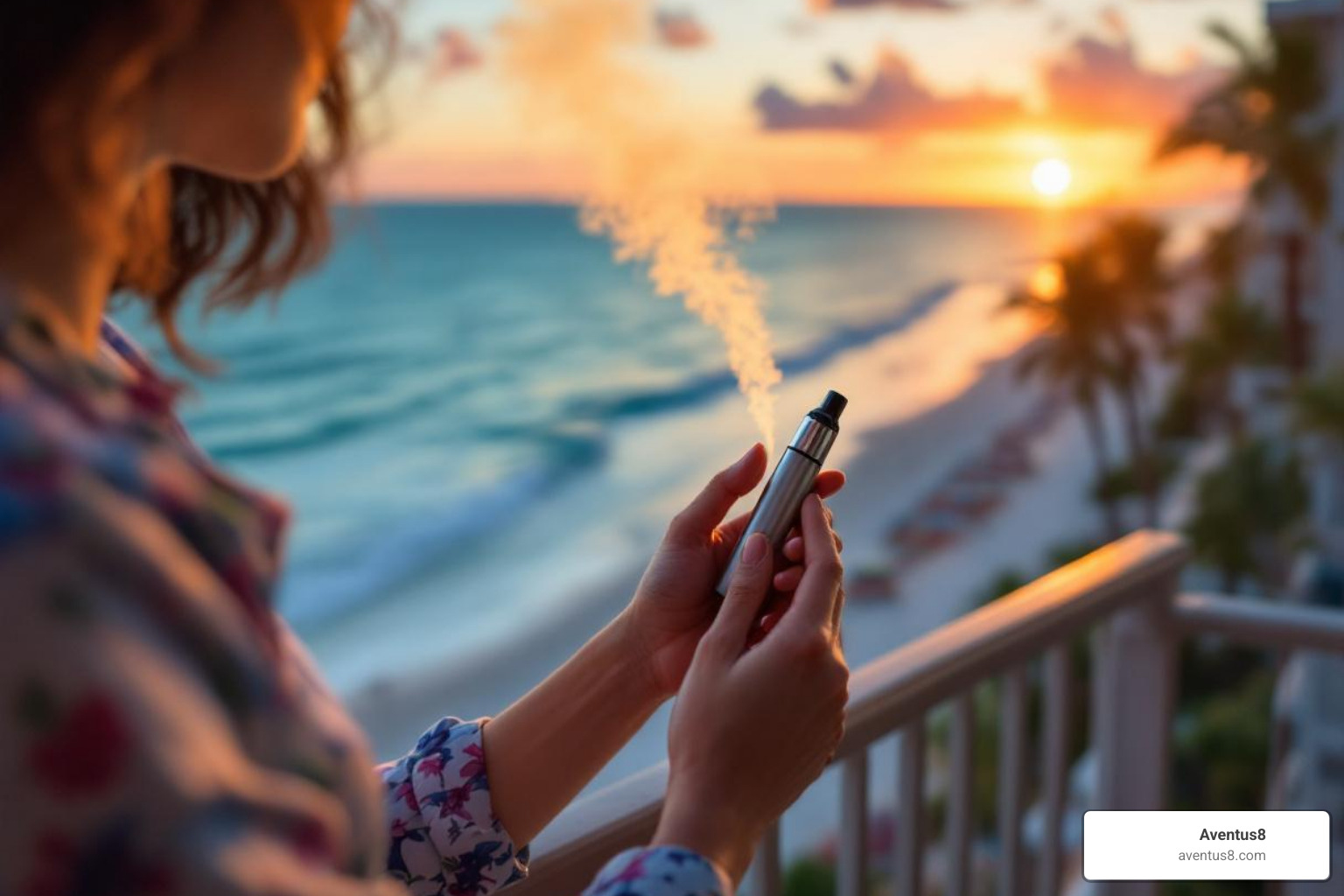 person using vape pen discreetly on a Florida beach balcony - how do you use a vape pen for thc