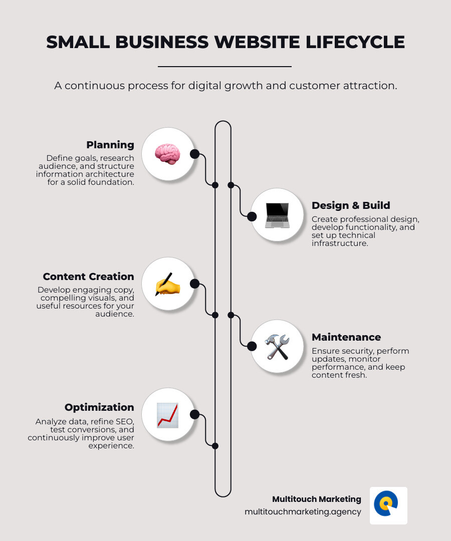 Infographic showing the lifecycle of small business website design and management, including four key phases: Planning (defining goals, audience research, information architecture), Implementation (design, content creation, technical setup), Maintenance (security updates, backups, performance monitoring, content updates), and Optimization (analytics review, SEO improvements, conversion rate optimization, A/B testing). Each phase connects in a continuous cycle with specific monthly time investments listed. - small business website design and management infographic infographic-line-5-steps-elegant_beige Infographic showing the lifecycle of small business website design and management, including four key phases: Planning (defining goals, audience research, information architecture), Implementation (design, content creation, technical setup), Maintenance (security updates, backups, performance monitoring, content updates), and Optimization (analytics review, SEO improvements, conversion rate optimization, A/B testing). Each phase connects in a continuous cycle with specific monthly time investments listed. - small business website design and management infographic infographic-line-5-steps-elegant_beige