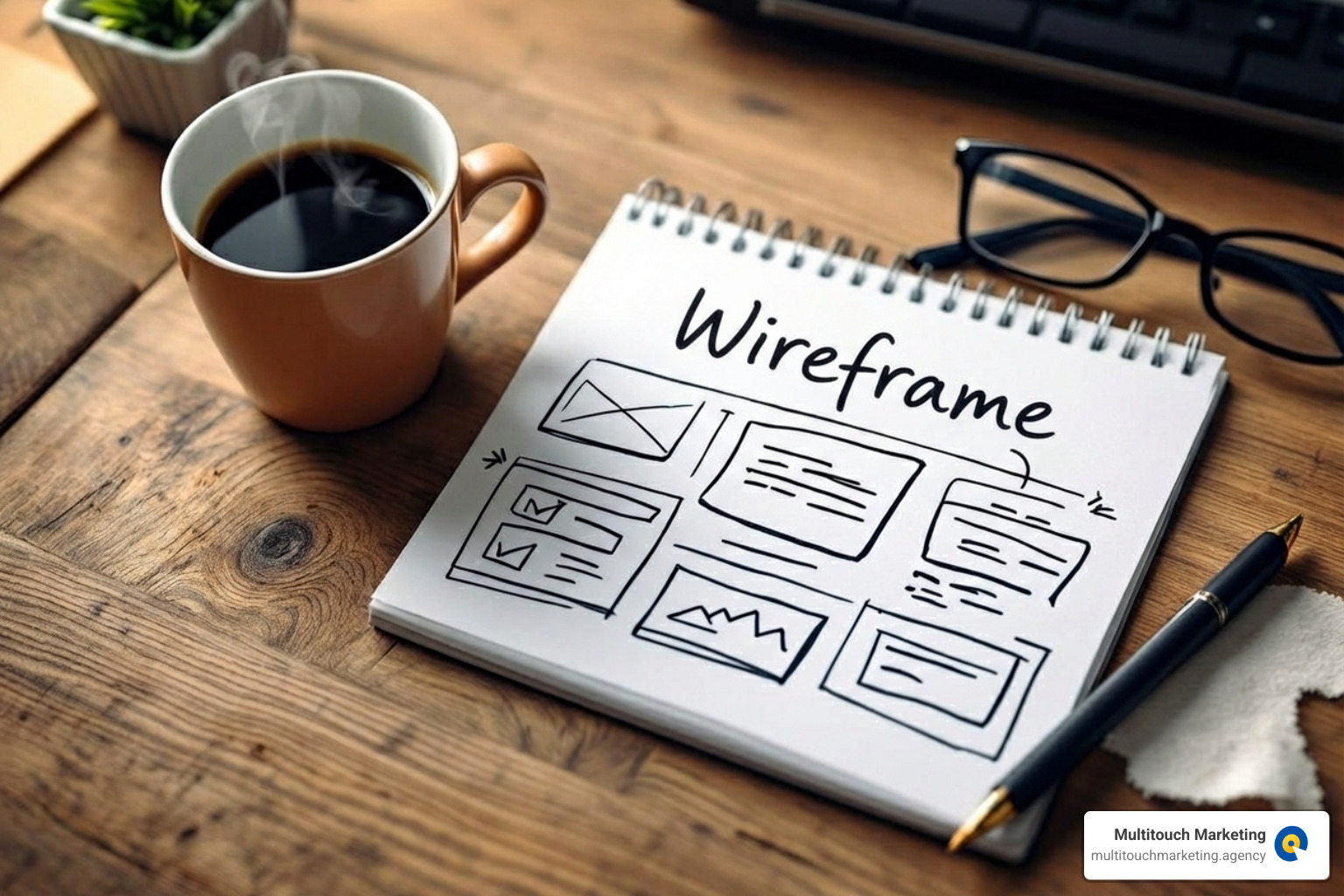 wireframe sketch on a notepad next to a coffee cup - small business website design and management wireframe sketch on a notepad next to a coffee cup - small business website design and management