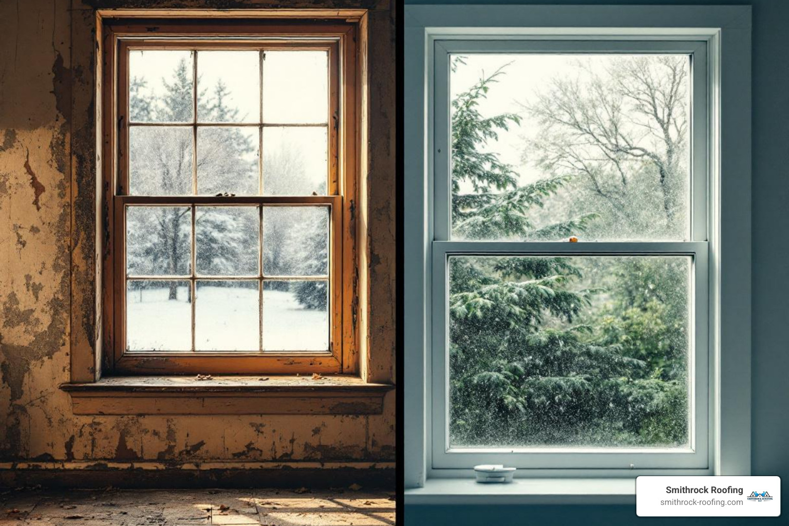old drafty window contrasted with new energy-efficient window - home window upgrade
