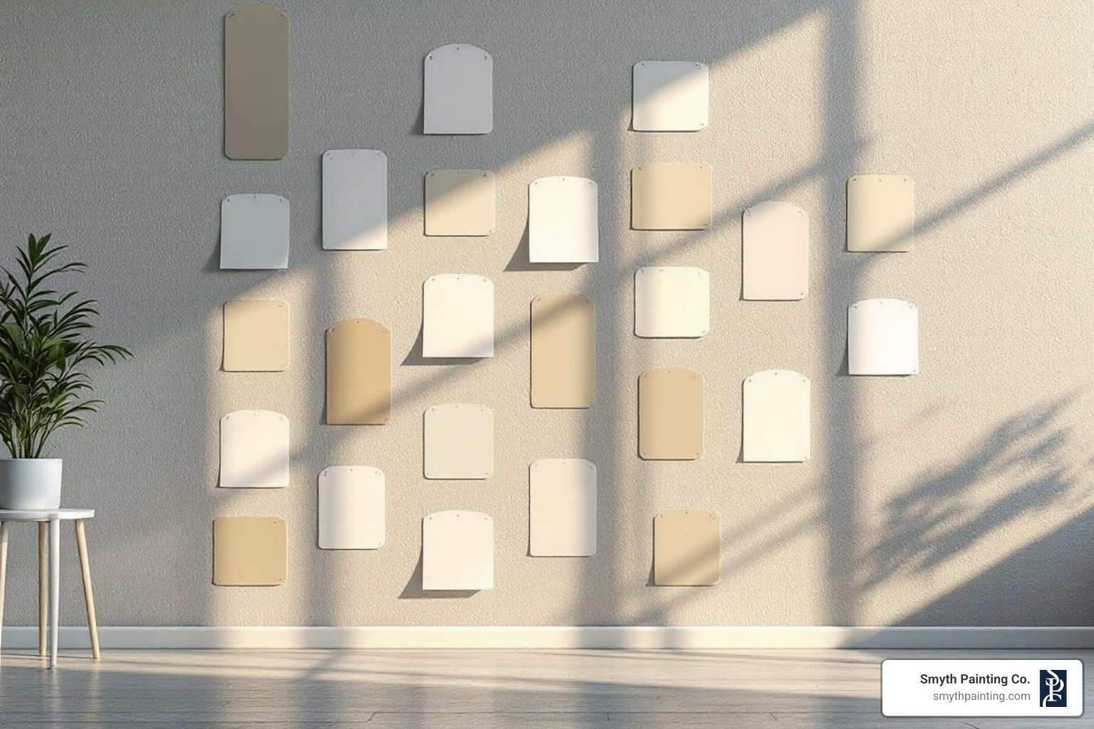 A wall with various paint swatches in different lighting conditions, demonstrating how colors change - Home improvement painting A wall with various paint swatches in different lighting conditions, demonstrating how colors change - Home improvement painting