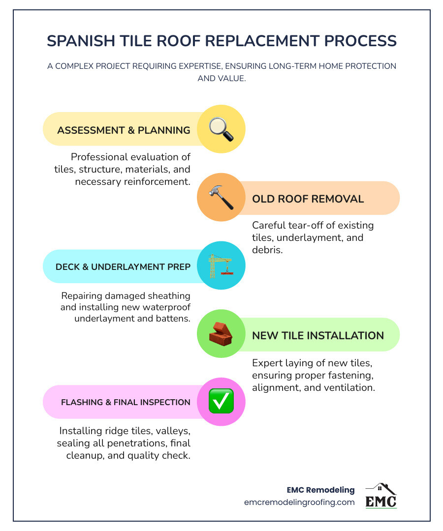 Infographic showing the complete spanish tile roof replacement process: Step 1 - Initial inspection with contractor examining tiles and underlayment; Step 2 - Structural assessment showing weight requirements and reinforcement needs; Step 3 - Material selection comparing clay, concrete, and composite tiles with cost per square foot; Step 4 - Removal process showing old tile and underlayment being carefully removed; Step 5 - Deck preparation with new underlayment installation; Step 6 - New tile installation with proper batten system; Step 7 - Flashing and sealing around valleys, chimneys, and ridges; Step 8 - Final inspection and cleanup. Include timeline estimates for each phase and total project duration of 1-2 weeks for average 2,000 sq ft roof. - spanish tile roof replacement infographic infographic-line-5-steps-colors