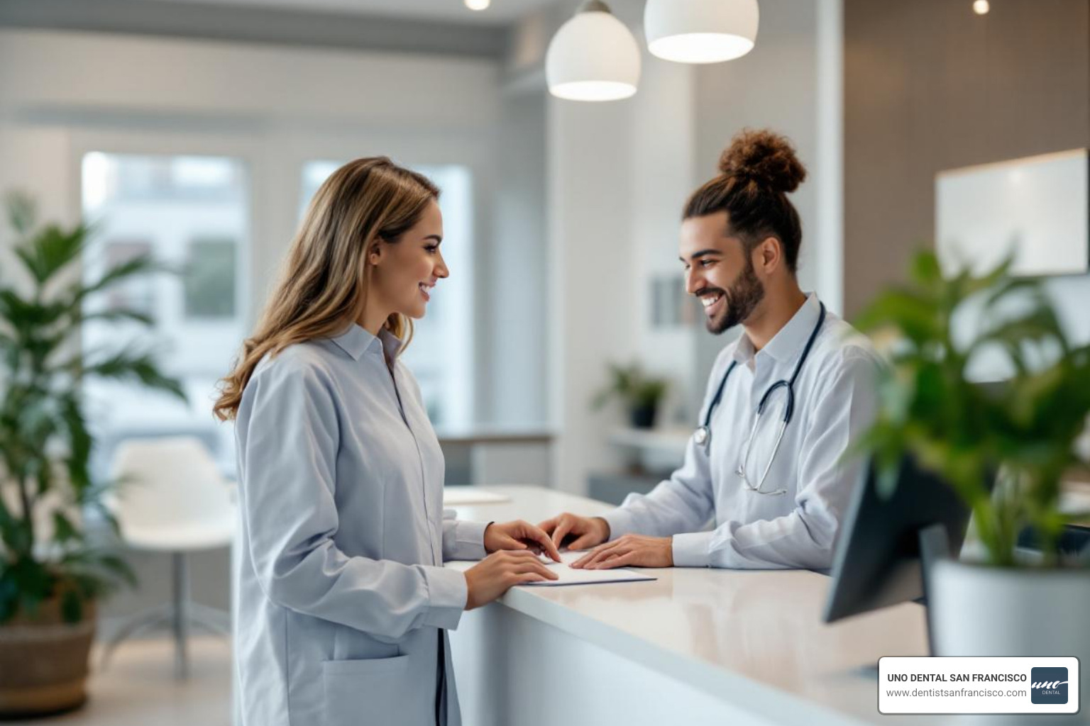 A patient discussing payment options with a dental office staff member at the front desk - new patient dentist appointment A patient discussing payment options with a dental office staff member at the front desk - new patient dentist appointment