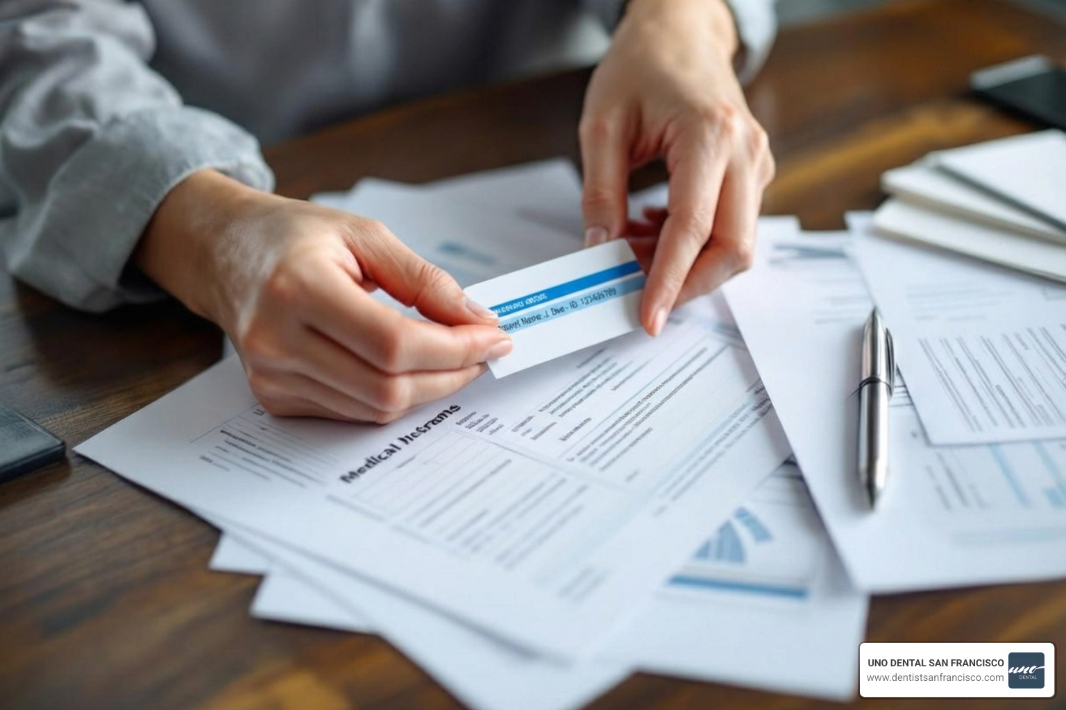 A person organizing their insurance card, medical history, and other documents for a dental appointment - new patient dentist appointment A person organizing their insurance card, medical history, and other documents for a dental appointment - new patient dentist appointment