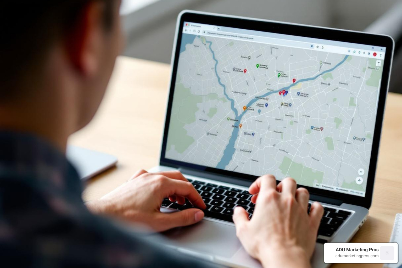 A person sitting at a desk, looking at a map on a laptop screen with various land listings highlighted - Tiny home land A person sitting at a desk, looking at a map on a laptop screen with various land listings highlighted - Tiny home land