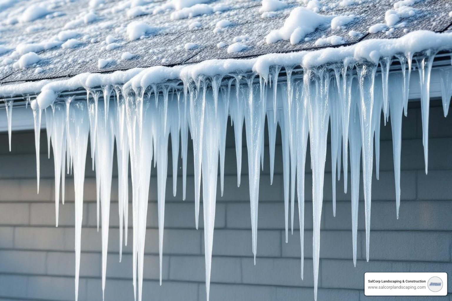 of a large ice dam forming on the edge of a roof. - Snow removal Westwood MA