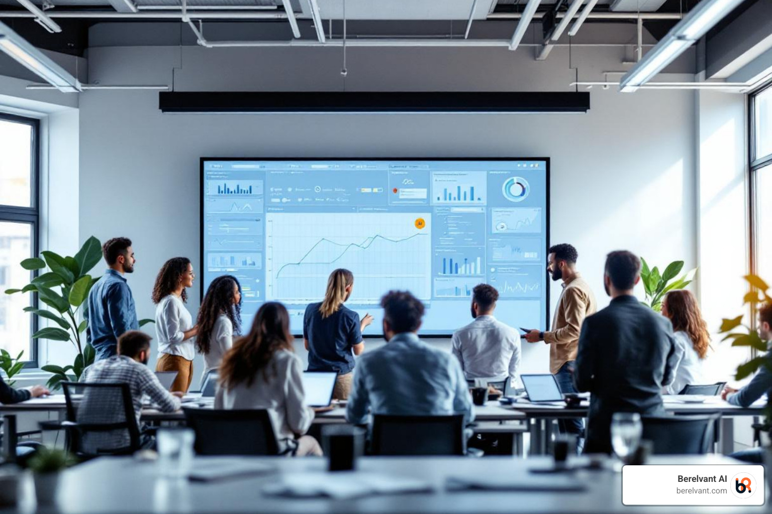 A diverse team collaborating in a modern, brightly lit office. Several team members are gathered around a large screen displaying complex data visualizations and project timelines. Others are engaged in discussions, some using laptops. The overall atmosphere is one of focused teamwork and innovation, with a sense of energy and purpose. - ecommerce marketing agency near me