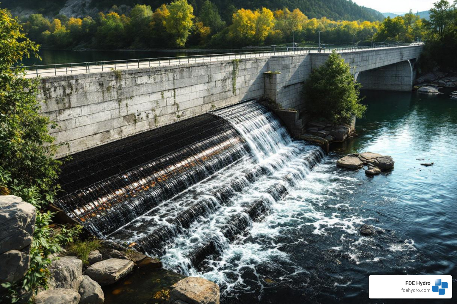 A fish ladder next to a dam, allowing fish to bypass the structure and continue upstream - Hydropower Electricity