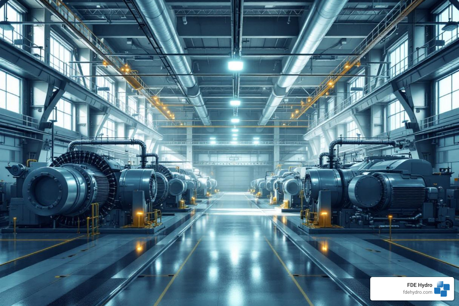 Inside a hydropower turbine hall with large generators and intricate machinery - Hydropower Electricity