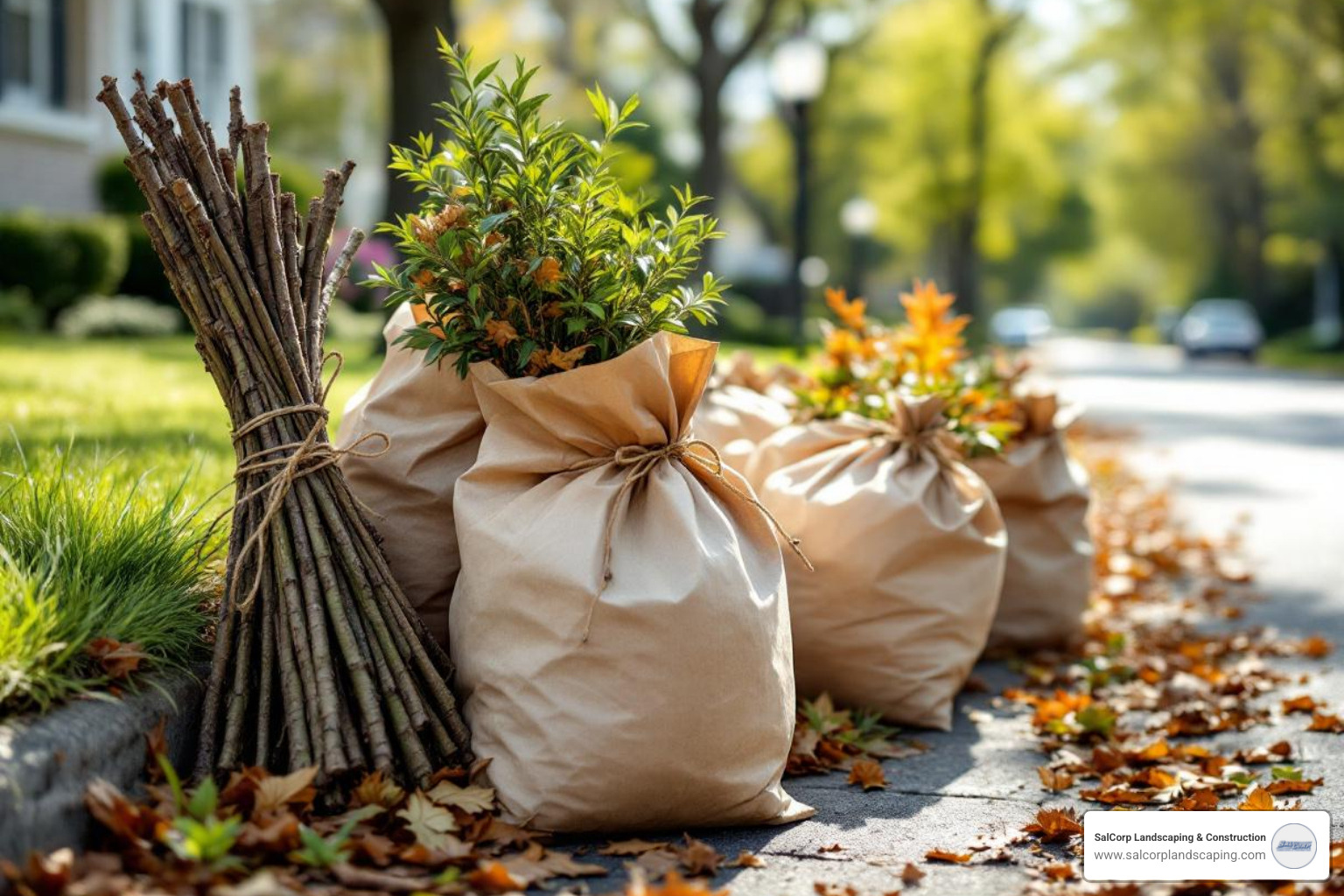 properly bundled branches and bagged yard waste on a curb - spring clean up near me